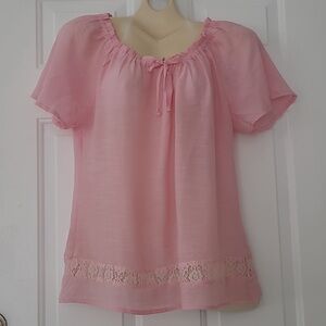 George Light Pink Off-Shoulder Lace Hem,Cascade-Flutter-Sleeve Top